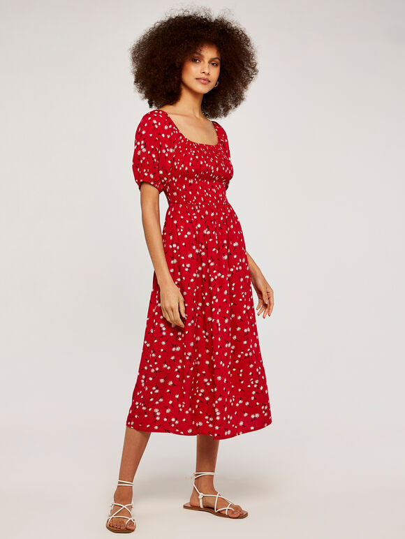 Floral Puff Sleeve Dress, Red, large