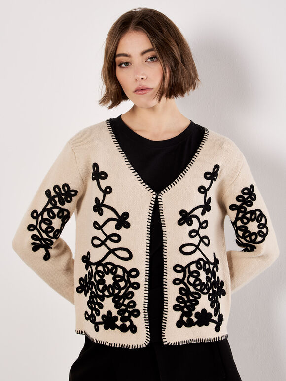 Swirl Embroidered Blanket Stitch Cardigan, Stone, large