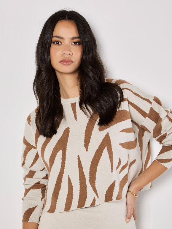 Zebra Jumper Knitted Midi Dress Set, Cream, large