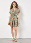 Tropical Leaf Print Smocked Mini Dress, Khaki, large
