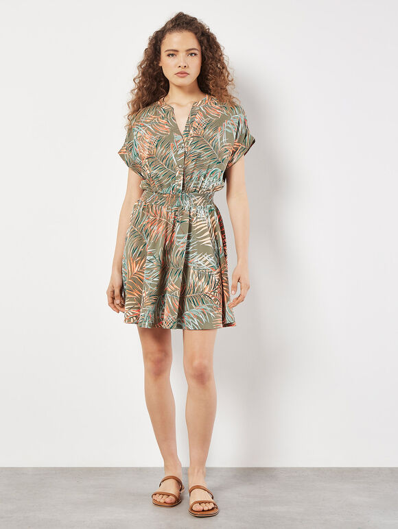 Tropical Leaf Print Smocked Mini Dress, Khaki, large