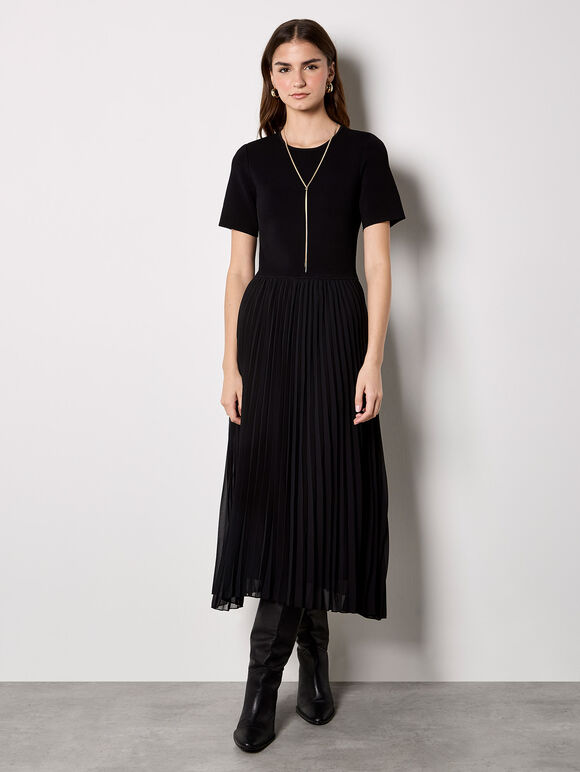 Rib Knit Chiffon Skirt Midi Dress, Black, large