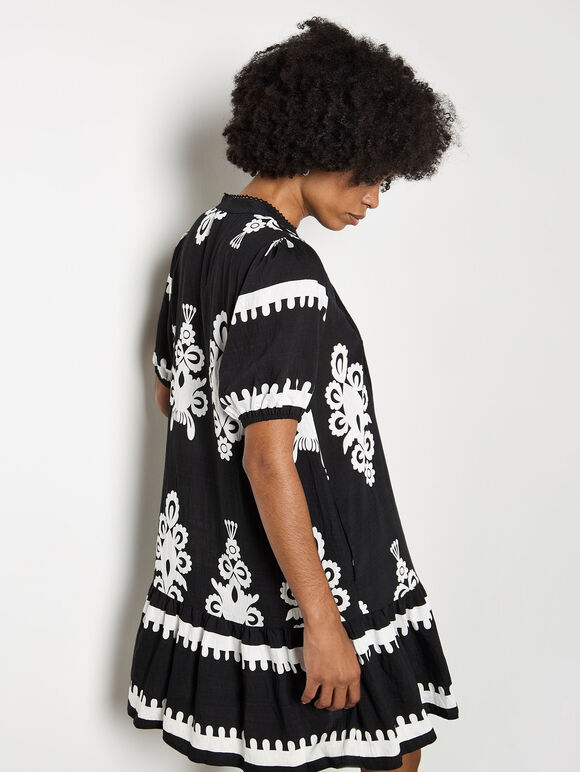 Baroque Print Shirt Mini Dress, Black, large