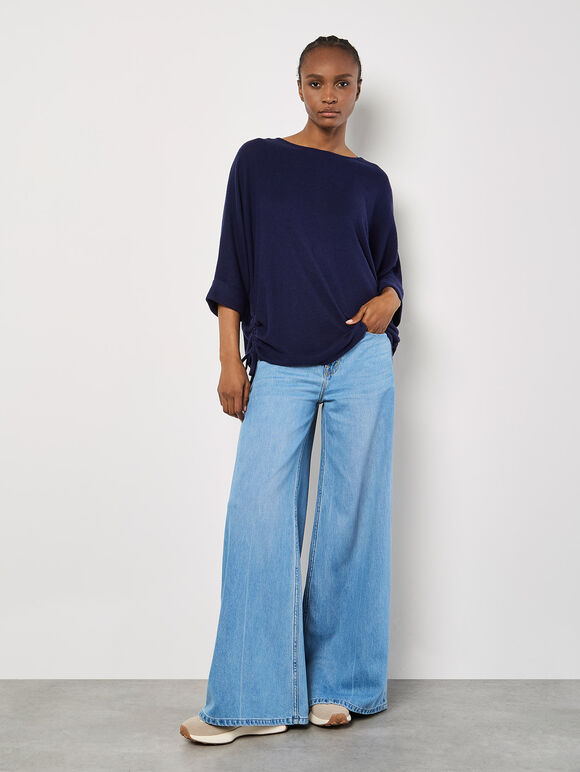 Soft Touch Drawstring Batwing Top, Navy, large