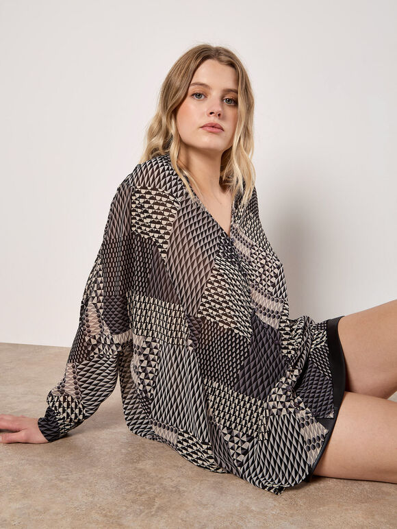 Geo Patchwork Chiffon Shirt, Grey, large
