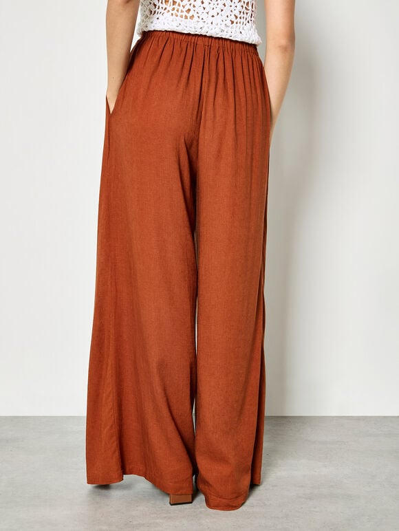 Linen Blend Wrap Wide-Leg Trousers, Rust, large