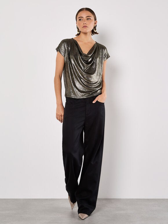 Metallic Foil Cowl Neck Top, Yellow, large