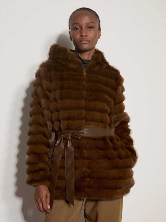 Faux Fur Panel Belted Coat, Brown, large