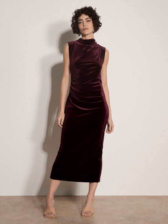 Velvet Bodycon Midaxi Dress, Burgundy, large