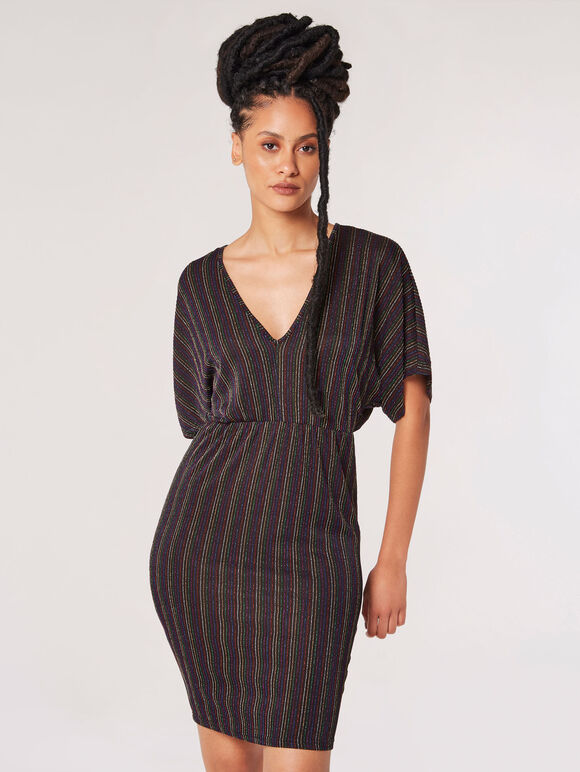 Sparkle Stripe Batwing Mini Dress, Black, large