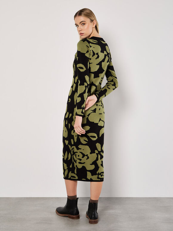 Abstract Flower Knitted Midaxi Dress, Black, large
