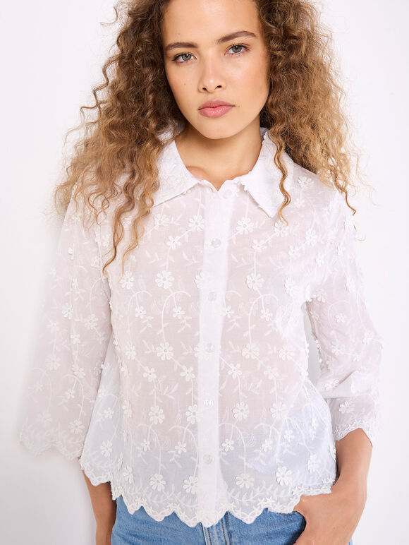 Applique Flowers Cropped Shirt, White, large