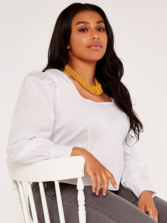 Curve Deep Neck Fitted Long Sleeve Top, White, large