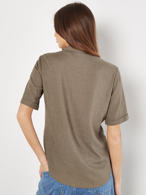 Linen Blend Short Sleeve Shirt, Khaki, large