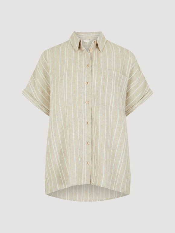 Linen Blend Stripe Shimmer Shirt, Stone, large