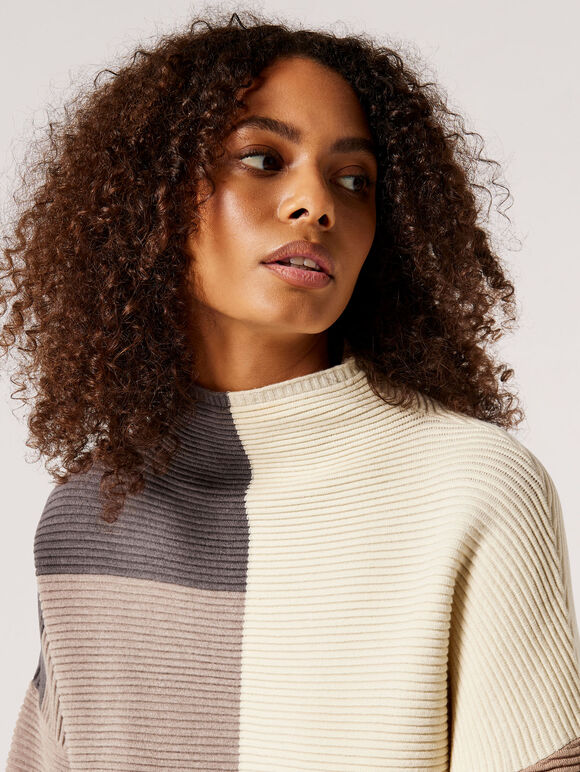 Colour Block Ribbed Mock Neck Jumper, Stone, large