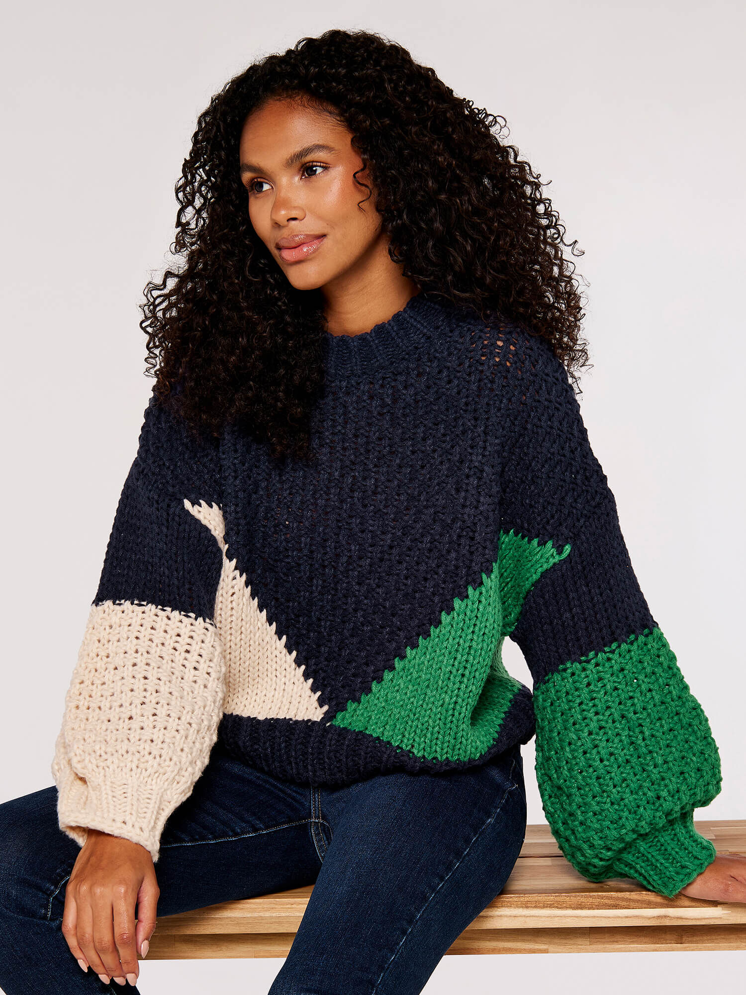 Colour Block Chunky Knit Jumper Apricot Clothing