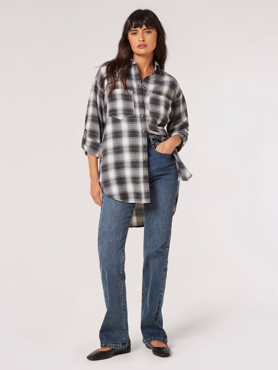 Image of Cotton Blend Oversized Check Shirt