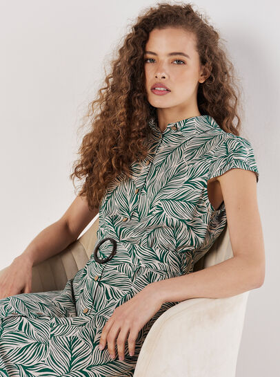 Leaf Print Shirt Midi Dress