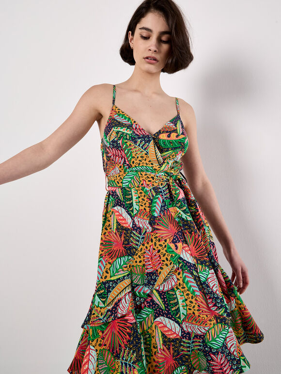 Tropical Print Tiered Cami Mini Dress, Navy, large