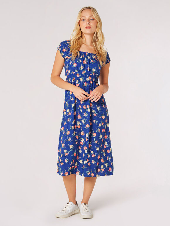 Vintage Rose Milkmaid Midi Dress, Blue, large