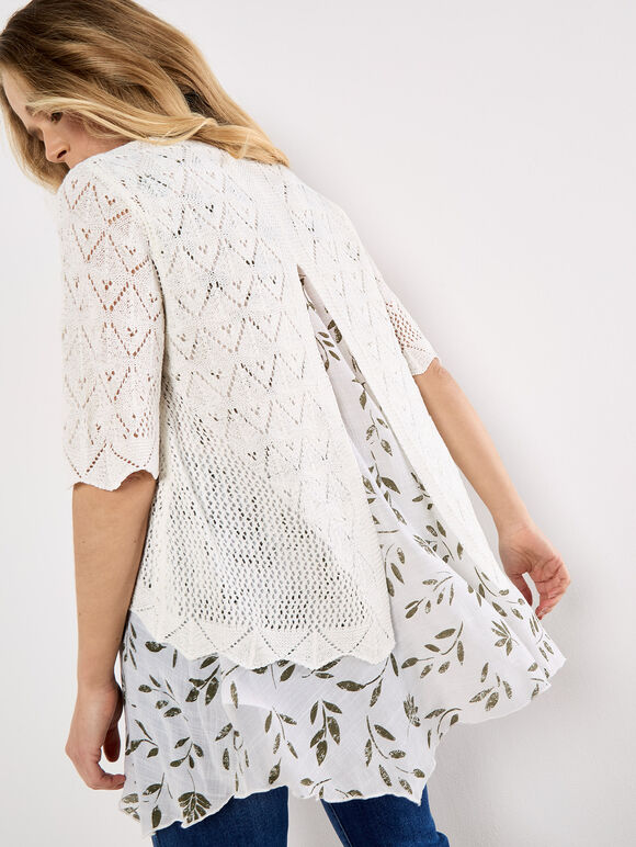 Pointelle Knit Layered Tunic Top, White, large