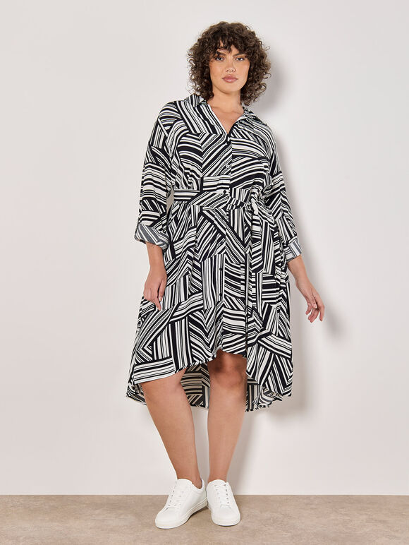 Curve Geo Lines Shirt Midi Dress, White, large
