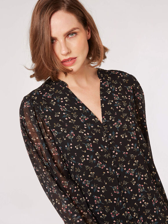 Ditsy Floral Chiffon Blouse, Black, large