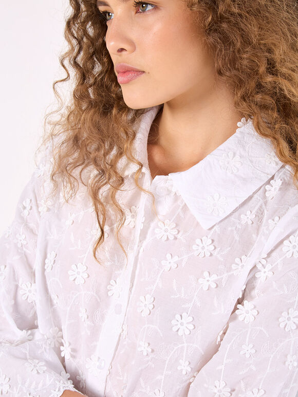 Applique Flowers Cropped Shirt, White, large