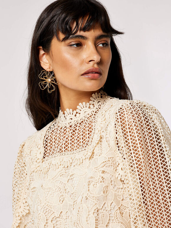 Puff Sleeve Floral Lace Top, Stone, large