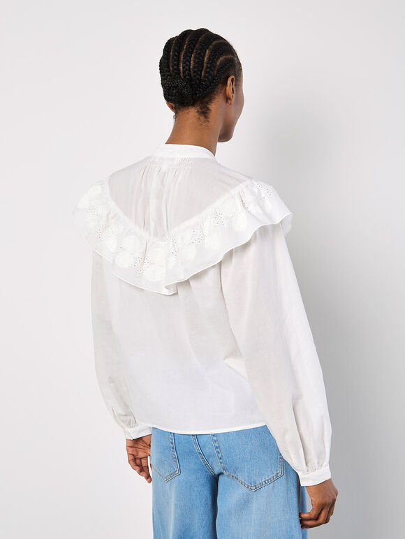 Embroidered Ruffle Shirt, White, large