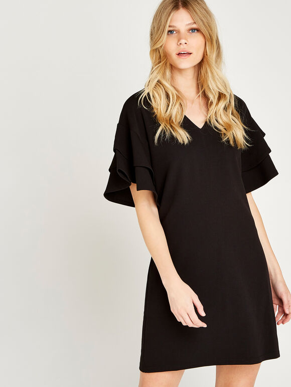 Black Ruffle V-Neck Shift Dress, Black, large