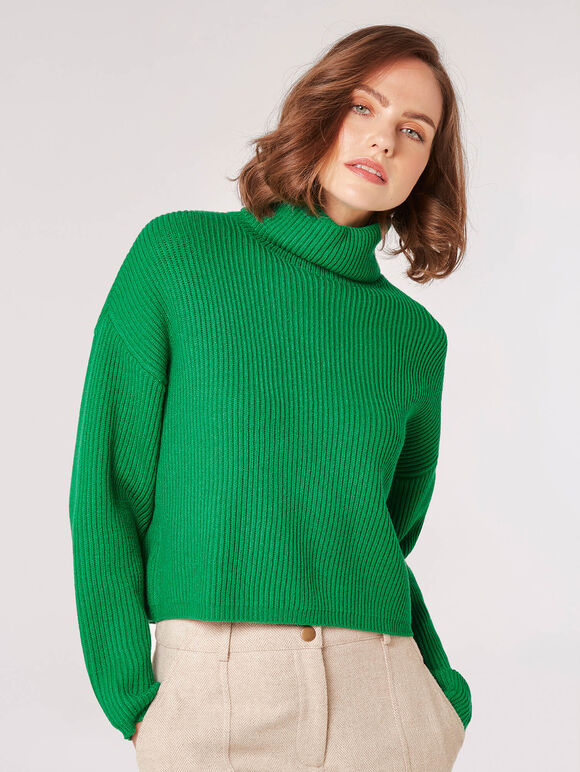 Roll Neck Ribbed Jumper, Green, large