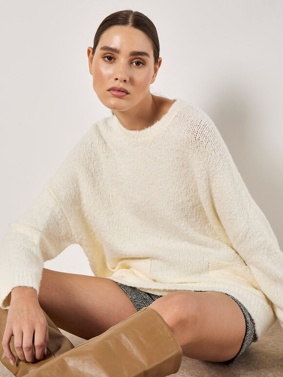 Oversized Boucle Patch Pocket Jumper, Cream, large