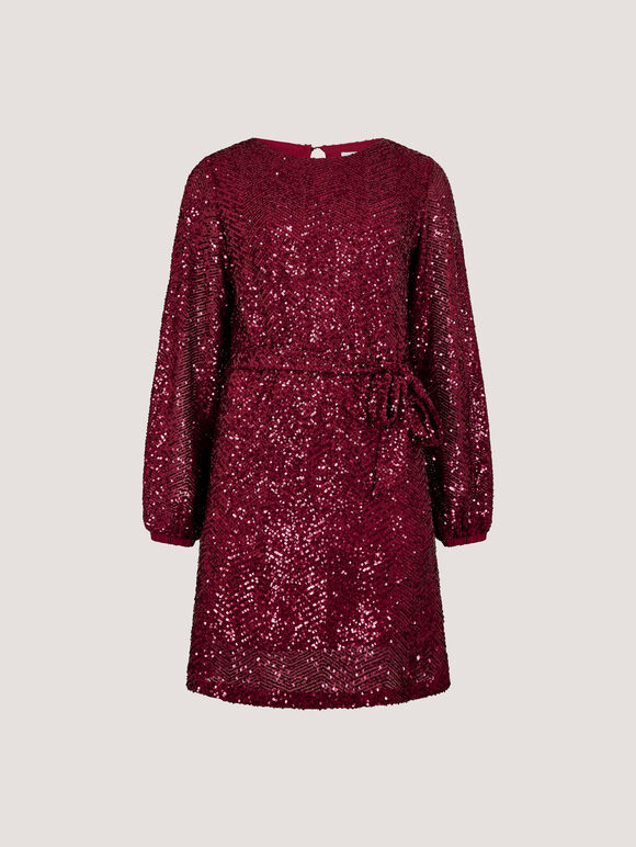 Chevron Sequin Belted Mini Dress, Burgundy, large