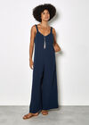 Wide-Leg Textured Cotton Jumpsuit, Navy, large