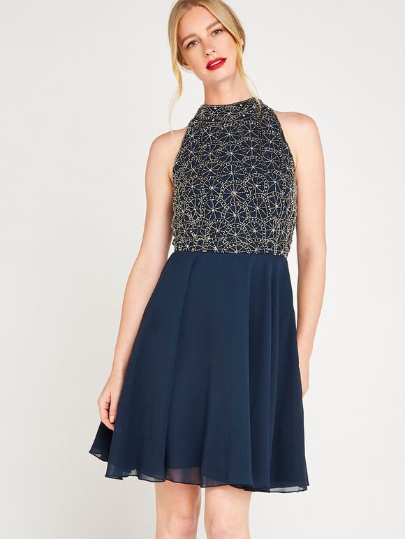 Beaded Halter Neck Swing Dress, Navy, large