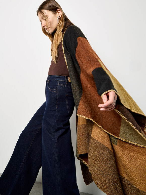 Colour Block Blanket Cape, Brown, large
