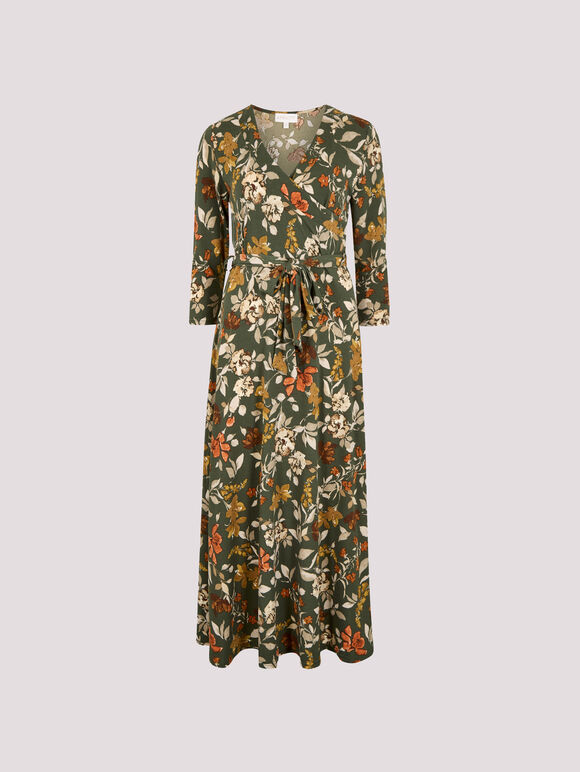 Floral Leaf Print Midaxi Dress, Khaki, large