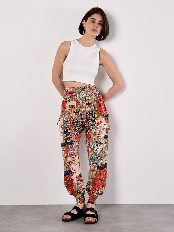 Patchwork Floral Woven Joggers, Orange, large