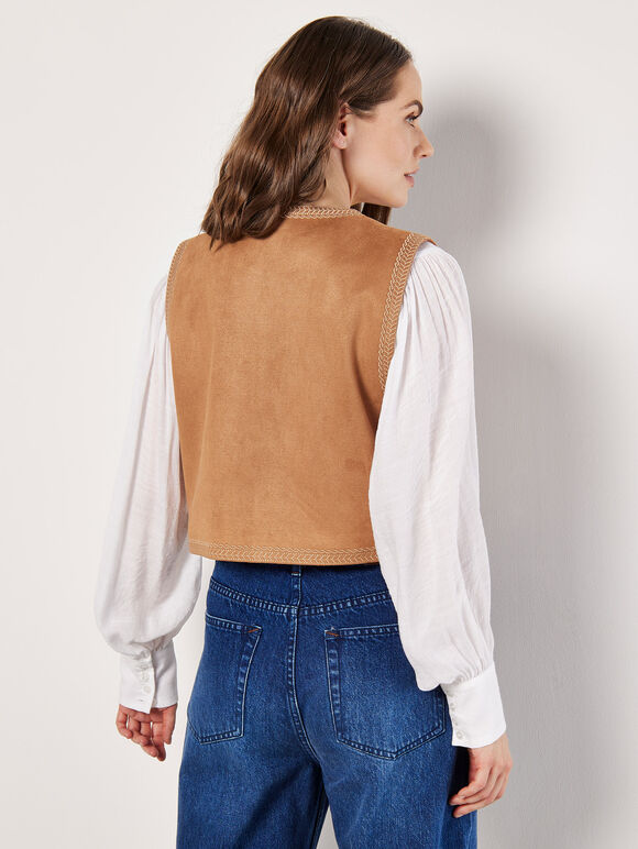 Embroidered Suedette Waistcoat, Brown, large
