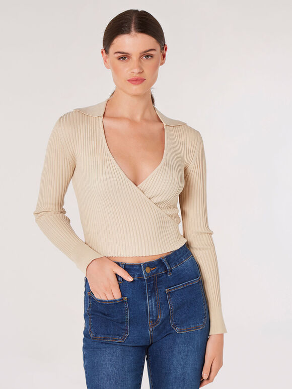Ribbed Wrap Crop Top, Stone, large