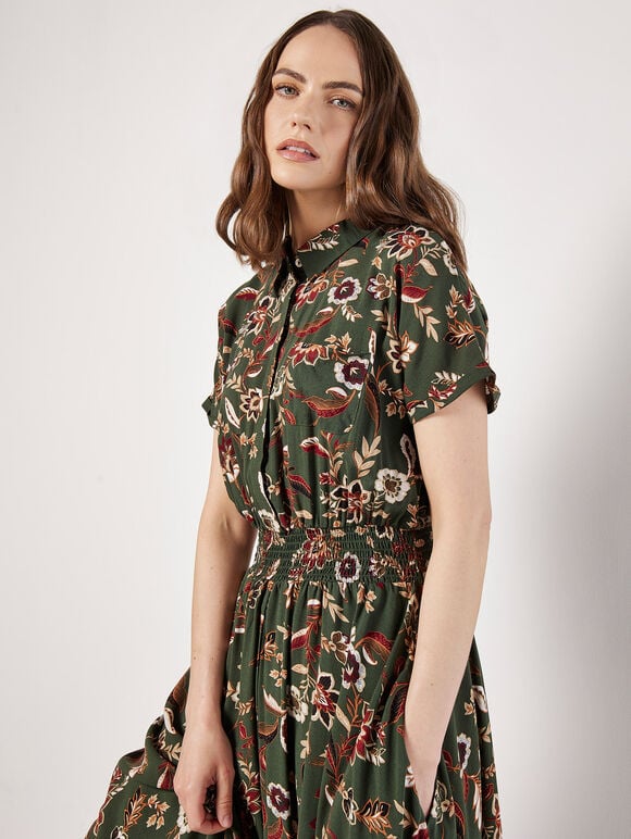 Sarasa Floral Shirt Midi Dress, Khaki, large