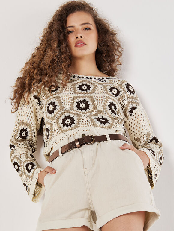 Crochet Pentagon Crop Top, Brown, large