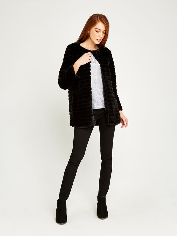 Self Stripe Faux Fur Jacket, Black, large