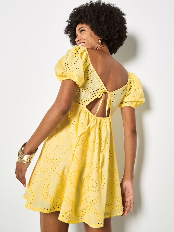 Floral Broderie Mini Dress, Yellow, large