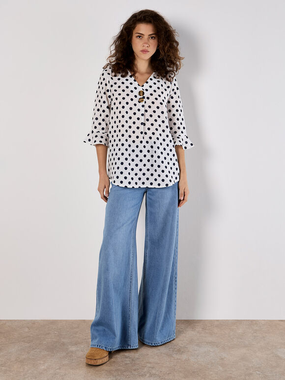 Polka Dot Bell Sleeve Blouse, White, large