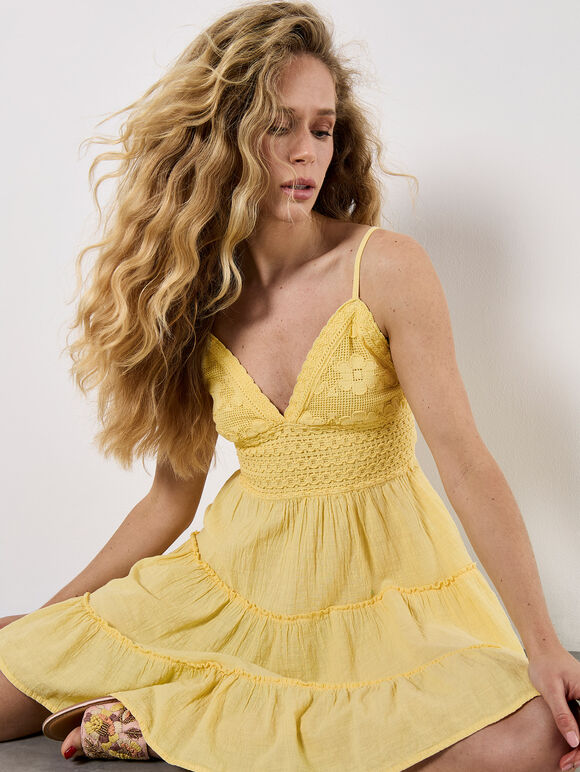 Bow Back Crochet Cami Mini Dress, Yellow, large