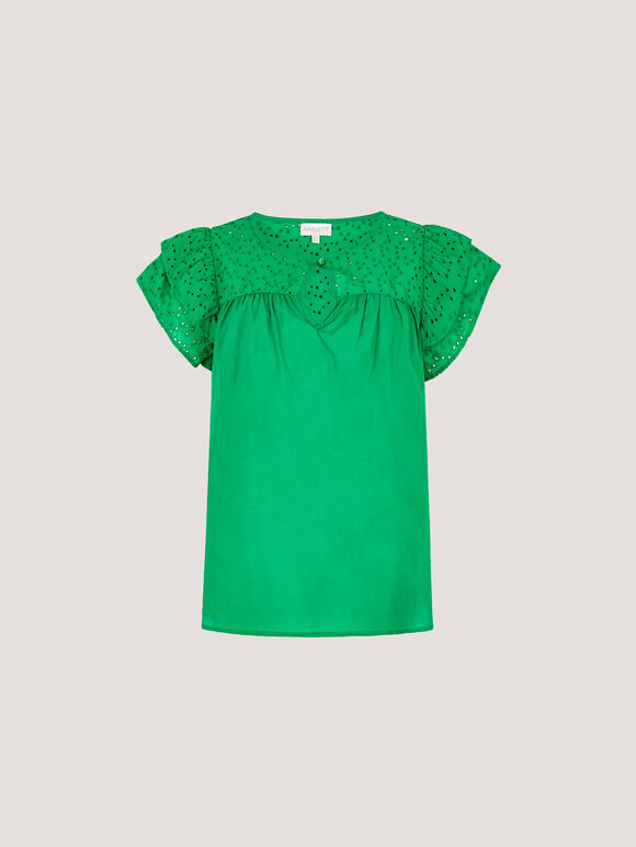 Broderie Yoke Cotton Top, Green, large