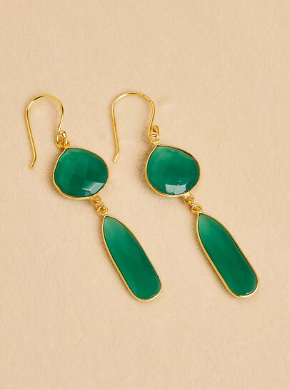 Gold Tone Green Stone Drop Earrings